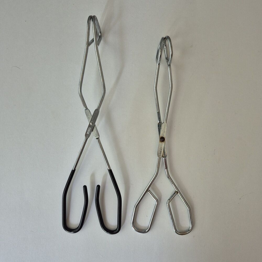 Vintage Set of 2 Stainless Steel Scissor Style Tongs 10.5 & 9.5 IN Cooking Lab
